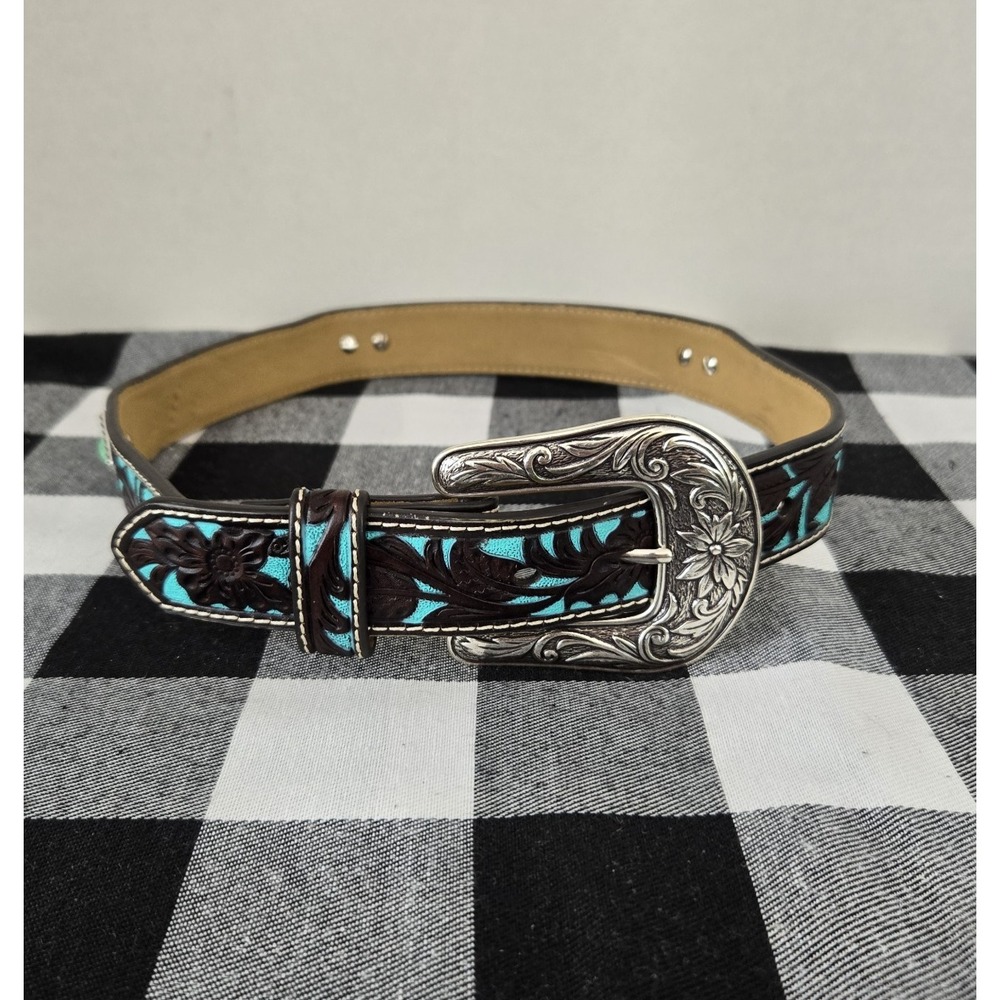 ARIAT Women's Belt Raised Floral Pattern Turquoise Black Conchos Fits 24" - 28"
